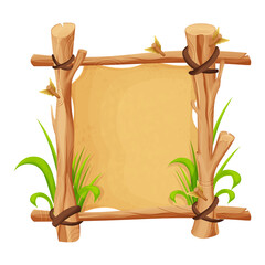 Frame from wood branch, sticks, old paper, leather rope, grass in comic cartoon style isolated on white background. Tribal, rural clip art. Ui game asset. Vector illustration
