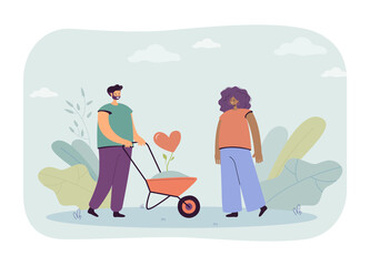 Happy cartoon couple with growing heart flower in wheelbarrow. Man confessing feeling to woman flat vector illustration. Love, romance, gardening concept for banner, website design or landing web page