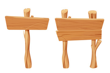 Set of wooden tablets, textured panels, signboard in cartoon style isolated on white background stock vector illustration. Rustic board, plank with place. Ui game assets, rural background. . Vector il