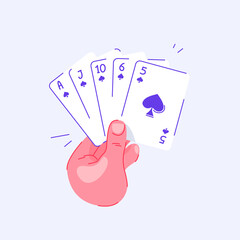 Hand holding playing cards. Flush in poker. Pastime with friends. Family table leisure games. Sports and recreation. Isolated background.