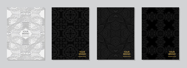 Set of cover design, vertical templates.Geometric 3D pattern, ethnic collection of black, white embossed backgrounds with folk art elements. Eastern, Indian, Mexican, Aztec style.