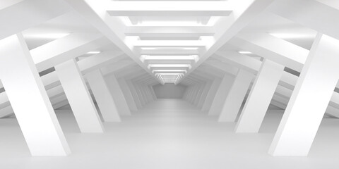 Empty White Garage Factory Stage Room. Abstract Architecture Futuristic Urban Tunnel Corridor Background. Large Hall Hangar Arcjitectural Interior Backdrop Scene. 3d rendering illustration.