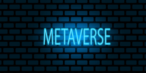 picture of word metaverse blue background. brick wall background.