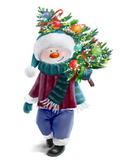 Snowman carries a Christmas tree on his shoulder