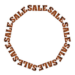 The word SALE made from an embossed photo of a fire. In a circle, frame. On white background.