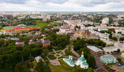 Panoramic aerial view of city center and Golden Gate in Vladimir, Russia