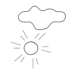 Vector black outline illustration of one sun and a cloud isolated on a white background
