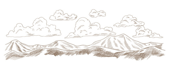 Vintage meadow with high mountains and clouds. Hand drawn farm land  illustration. Rural landscape, village vintage sketch © the8monkey