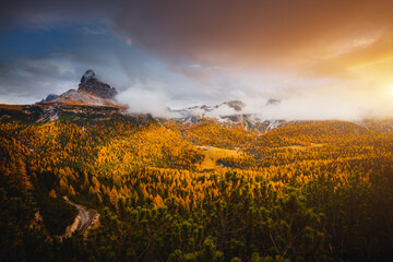 Obraz premium Magical top view of autumn forest in mountain valley. National Park Tre Cime di Lavaredo, Dolomite alps, South Tyrol, Italy, Europe.