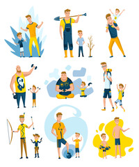Fototapeta premium Collection of fathers who spend time with sons. Dads and sons happy family concept. Fatherhood flat cartoon illustration. Outdoor activity