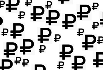 Background, banner and wallpaper for design. The ruble symbol is at different angles, chaotic on a white background. Pattern. 3d