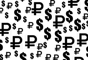 Background, banner and wallpaper for design. The dollar symbol and the ruble are at different angles, chaotic on a white background. Pattern. 3d