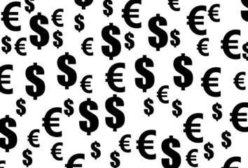 Background, banner and wallpaper for design. The dollar and euro symbol at different angles, chaotic on a white background. Pattern. 3d