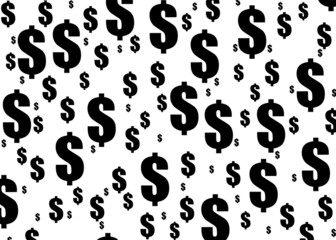 Background, banner and wallpaper for design. The dollar symbol is at different angles, chaotic on a white background. Pattern. 3d