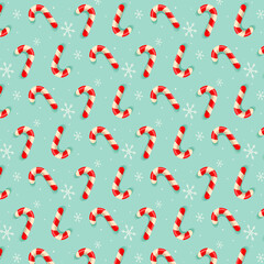 Seamless light blue pattern with Christmas candies and snow. Vector illustration. Background for wrapping paper, fabric print, greeting card design