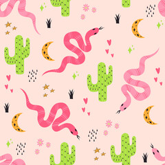 Cute cartoon snakes and cactuses seamless pattern. Repeating background with animals and plants in the doodle style. Children's vector background.
