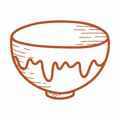 Line Ceramic bowl or deep plate, earthenware dish, handmade clay dishes. Hand drawn vector illustration in doodle style. Isolated element on a white background
