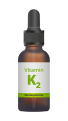 Vector illustration or icon of an amber glass dropper bottle with vitamin K2 isolated on white. Liquid vitamin K drops. Dietary supplement, which improves bone density and reduces risk of fractures.