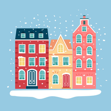 Winter town, street, houses, snow. Cityscape vector illustrations
