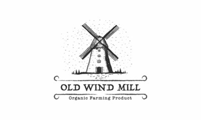 old wind mill logo illustration silhouette vintage template design
