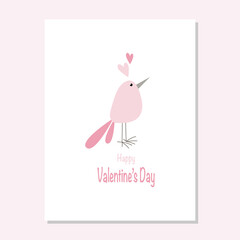 Vector cute Valentines Day card with cartoon pink bird and hearts on white background