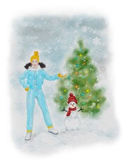 A girl and a snowman near the Christmas tree. New Year's illustration 
