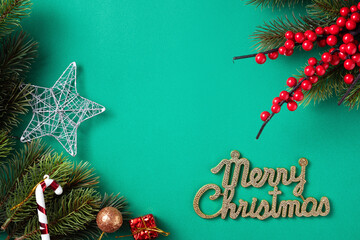 Christmas background design concept with fir tree branch and decorations