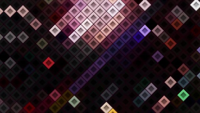 Abstract diagonal square mosaic pattern background, seamless loop. Motion. Small same size squared blocks moving randomly on a black backdrop.