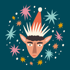 Christmas elf character face fairytale childish cartoon doodle boho naive funky handdrawn style art seamless pattern vector 