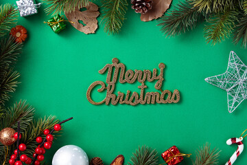 Christmas background design concept with fir tree branch and decorations