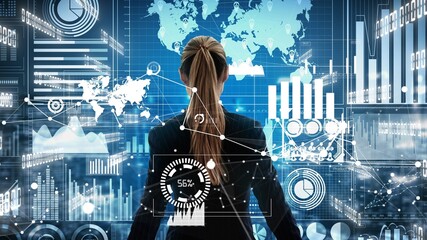 Big Data Technology for Business Finance Analytic conceptual . Modern graphic interface shows massive information of business sale report, profit chart and stock market trends analysis .