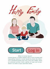 Video entertainment cute vector flat illustration. Father and kids. Happy family. Father's Day. Family having fun playing video games together. Concept of family fun with kids at home.