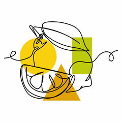 Vector abstract continuous one single simple line drawing icon of lemon citrus fruit organic with leaf and slice lemon in silhouette sketch. Perfect for greeting cards