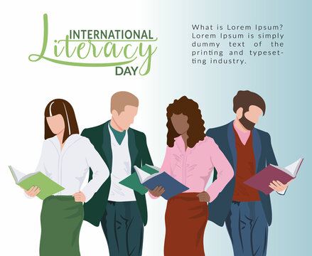 The concept of Literacy Day. A group of people reading books. People of different races and genders. Education. Business style clothing. Cute vector illustration in the style of a flat cartoon.