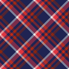 Seamless plaid pattern in red, white and navy. All over diagonal print. 
