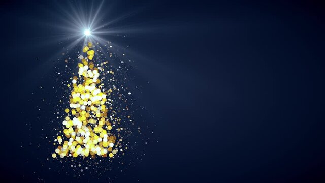 Merry Christmas greeting video card. Golden Christmas tree with shining light and glowing stars on dark blue background, 4K holiday intro animation