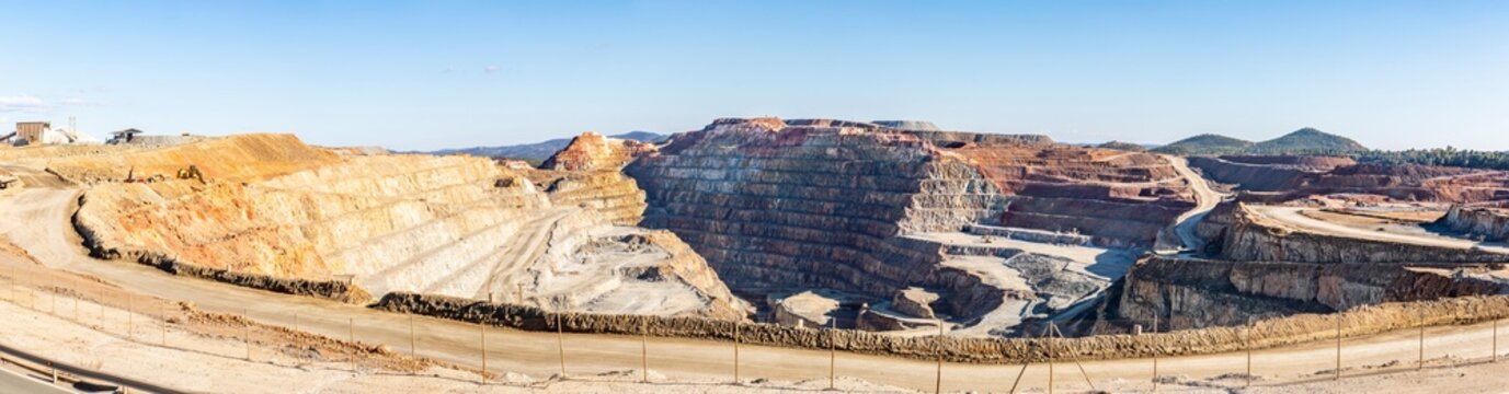Panorama of Corta Atalaya with mining levels at open mine pit. Deep excavation of pyrite and extraction of minerals of cooper and gold in municipality of Minas de Riotinto, Huelva, Andalusia, Spain