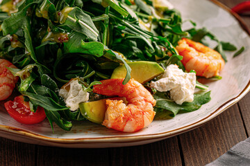 Gourmet shrimp salad with avocado and arugula on wooden background
