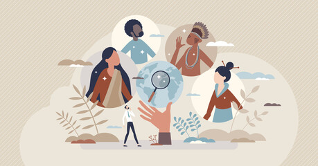 Cultural anthropology as various ethnic group research tiny person concept. Explore multiracial and multiethnic society and community people for scientific diversity behavior study vector illustration - obrazy, fototapety, plakaty