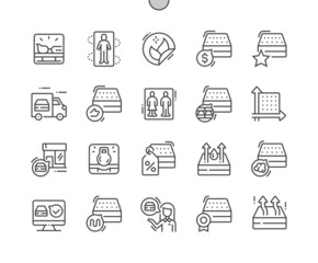 Mattress shop and store. Buy, price and product reviews. Sleeping mattress. Water repellent materials. Eco friendly. Pixel Perfect Vector Thin Line Icons. Simple Minimal Pictogram