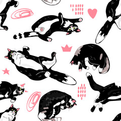 Seamless pattern of funny black-white cats lying in different poses.Vector background with pets and abstract shapes pink color.Childish  print with hand drawn animals.Perfect for textile,fabric,cover.