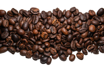 Roasted coffee beans. Top view on golden, aromatic beans. Natural background. Coffee beans isolated...