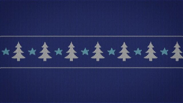 merry christmas video greeting card, simple funny animation on sweater pattern with moving christmas tree and stars, 4K seamless ugly sweater animation