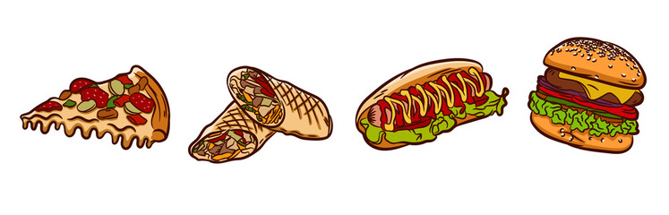 Fast and unhealthy food poster.  High-calorie food Isolated over white background. Harmful food for weight loss