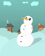 Snowman looking at the sky while snowing with background and houses cartoon illustration