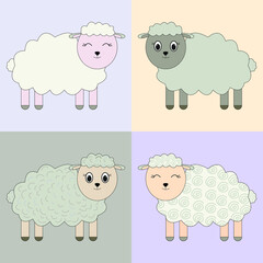 Set of vector brown  cute  sheeps on beige isolated background. Animal set.