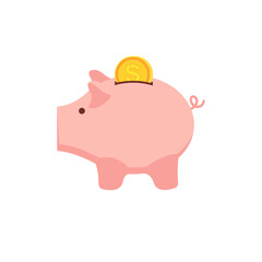 Falling coins in a pink piggy bank in the form of a pig.  Money accumulation concept.  Background for business and finance.