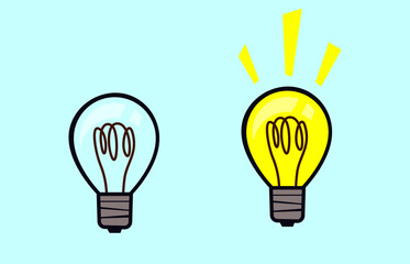 Two light bulbs on a blue background, one off, the other emitting light. Concept idea