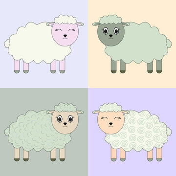 Set of vector brown  cute  sheeps on beige isolated background. Animal set.