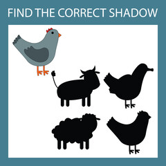 Find a pair or shadow  game with funny  chickens.  Worksheet for preschool kids, kids activity sheet, printable worksheet 
